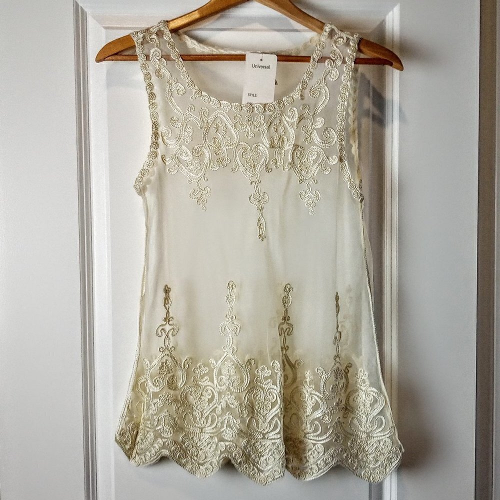 Universal Fashion Ivory Mesh Soutache Trim Top